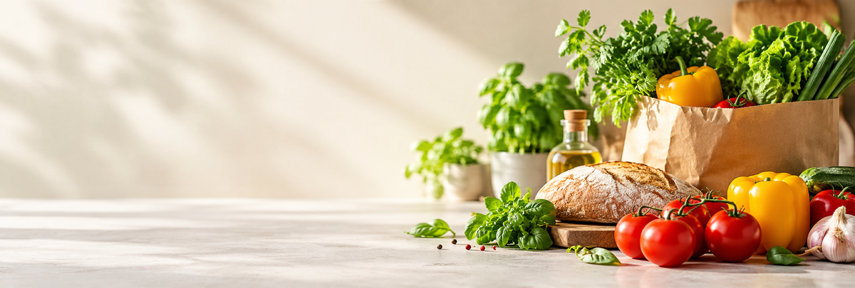 Modern fresh vegetables and bakery banner with warm neutral background