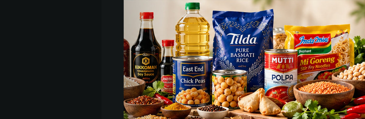 International groceries including rice sauces lentils and cooking essentials