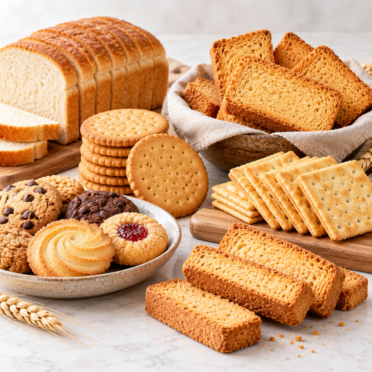 Biscuits, tea rusks, crackers and bakery goods