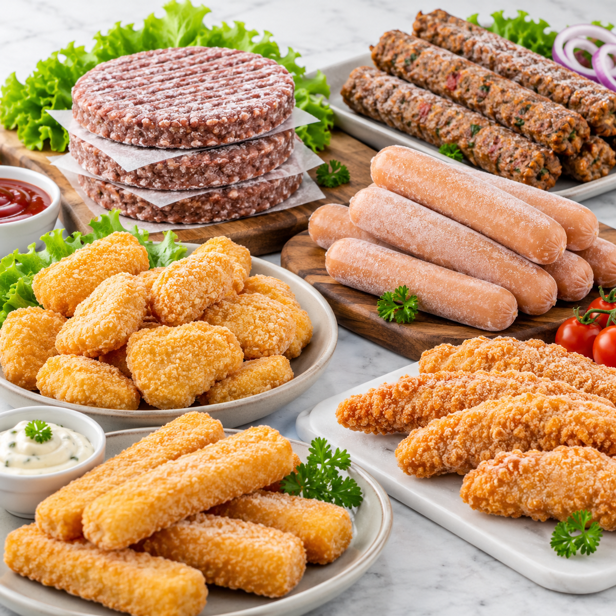 Frozen burgers, seekh kebabs, sausages, chicken nuggets and snacks